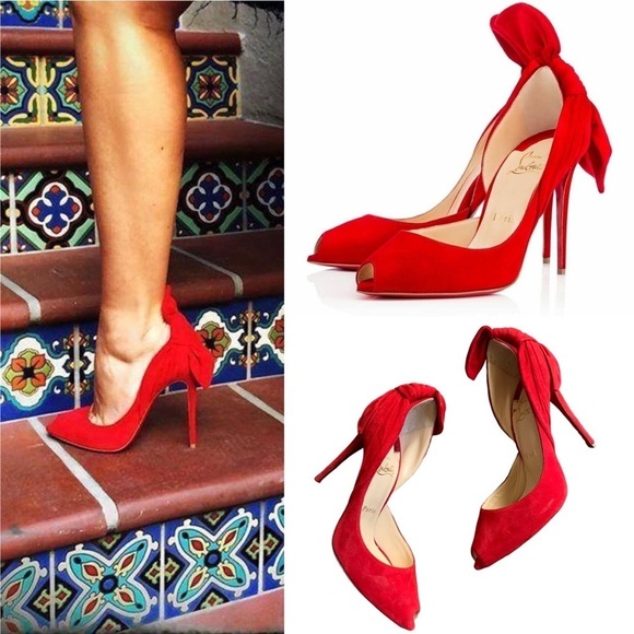 Christian Louboutin Barbara 100 Oeillet Red Suede Peep Toe Bow Heel Pumps - Picture 1 of 13